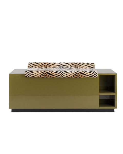 Banc coffre Cameleon kaki velours tigre Banc coffre Cameleon kaki velours tigre