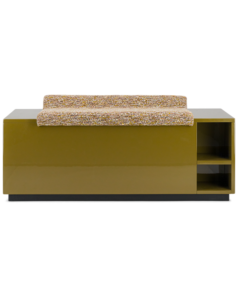 Olive green lacquered storage bench with tweed effect fabric Olive green lacquered storage bench with tweed effect fabric