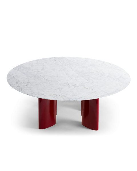 Table basse ronde marbre blanc et pieds bordeaux