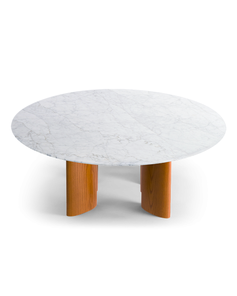 Table basse ronde marbre blanc et pieds finition iroko