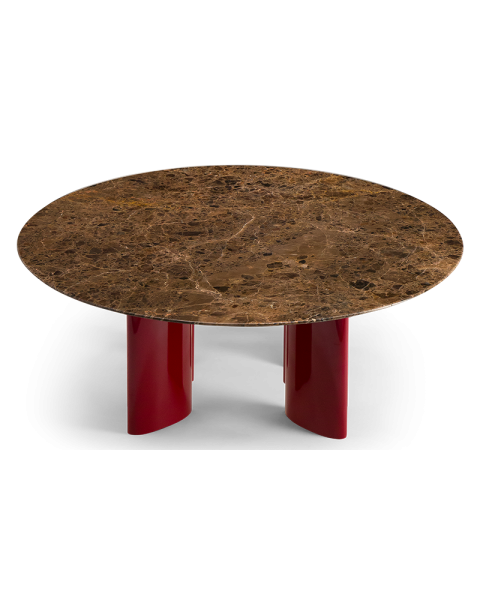 Table basse ronde marbre marron et pieds bordeaux