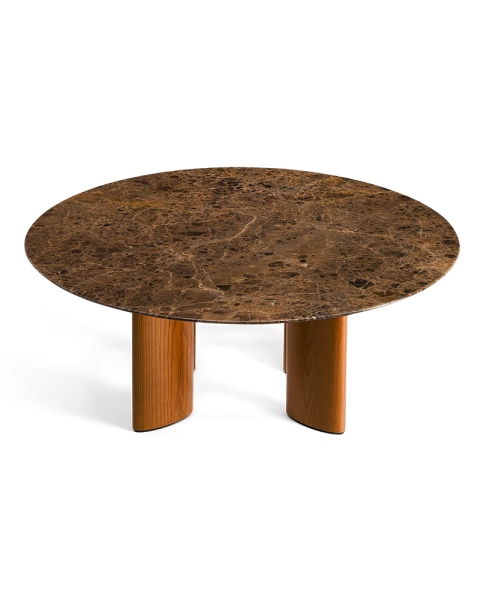 Table basse ronde marbre marron et pieds finition iroko