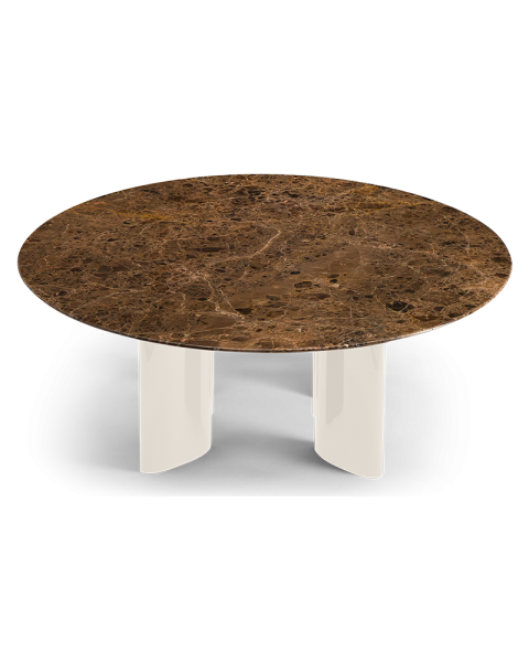 Table basse ronde marbre marron et pieds laqués blanc crème