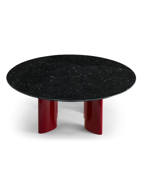 Table basse ronde marbre noir et pieds bordeaux