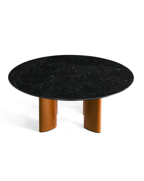 Table basse ronde marbre noir et pieds finition iroko