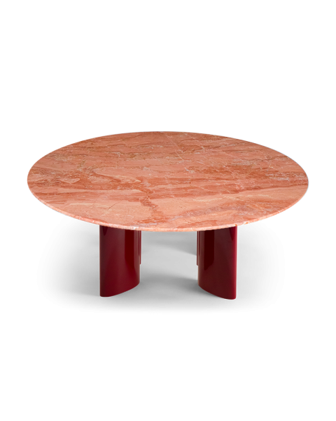 Round coffee table with pink marble and burgundy legs Round coffee table with pink marble and burgundy legs