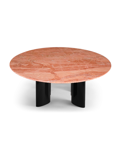 Table basse ronde marbre rose et pieds noirs