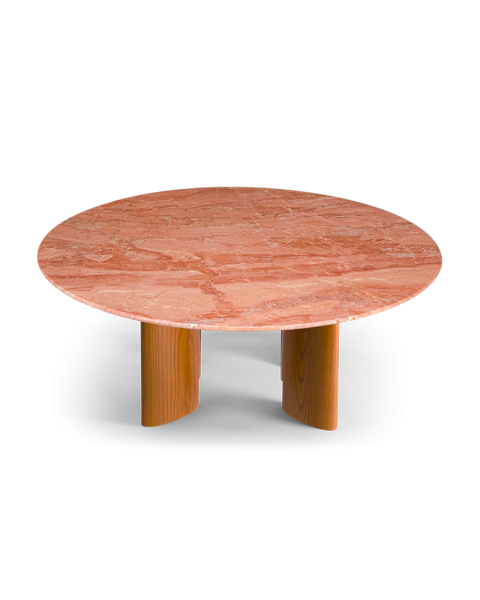 Table basse ronde marbe rose et pieds finition iroko
