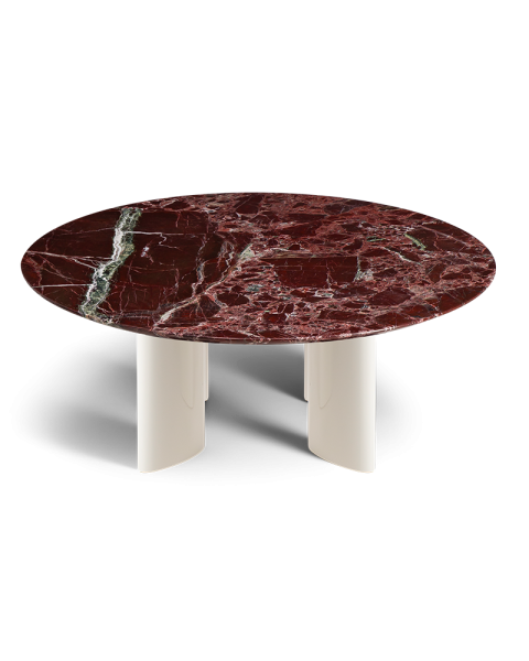 Table basse ronde marbre rouge et pieds blanc crème