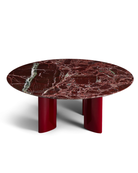 Table basse ronde marbre rouge et pieds bordeaux