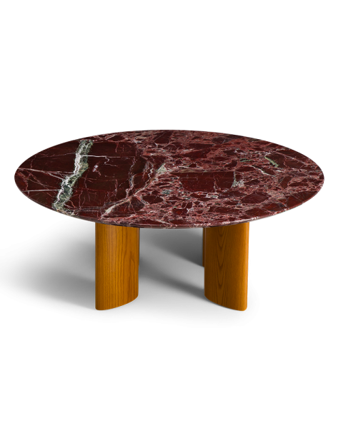 Table basse ronde marbre rouge et pieds finition iroko