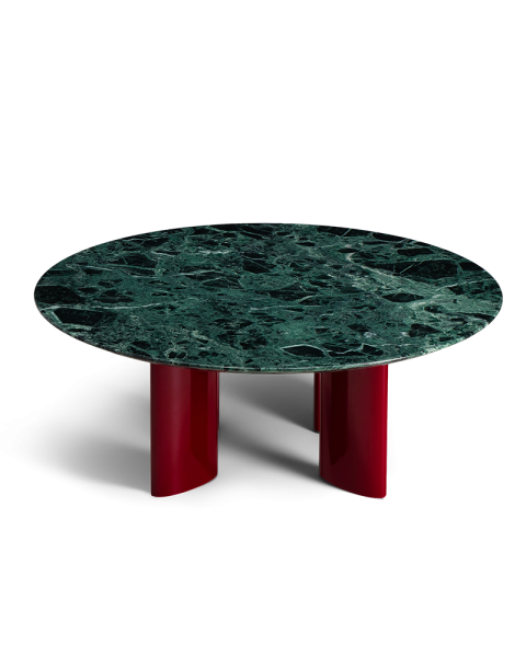 Table basse ronde marbre vert et pieds bordeaux