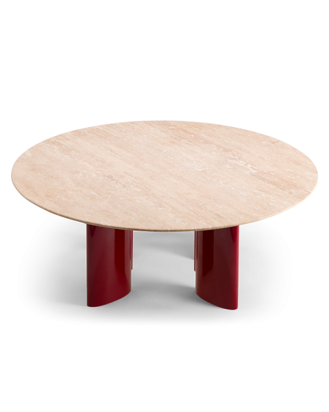 Table basse ronde travertin et pieds bordeaux Table basse ronde travertin et pieds bordeaux