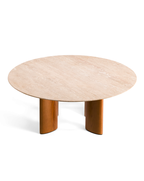Table basse ronde travertin et pieds finition iroko Table basse ronde travertin et pieds finition iroko