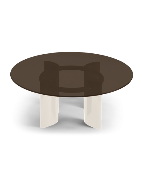 Round glass coffee table with cream white legs Round glass coffee table with cream white legs