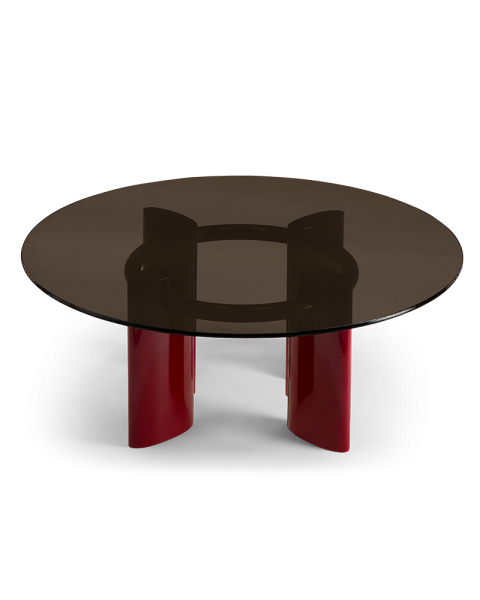 Table basse ronde verre et pieds bordeaux Table basse ronde verre et pieds bordeaux