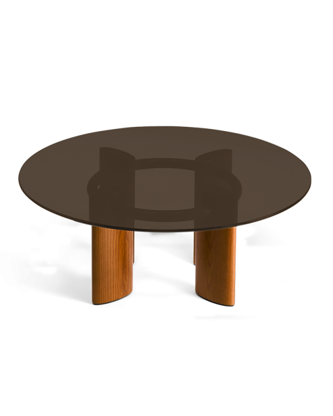Table basse ronde verre et pieds finition iroko Table basse ronde verre et pieds finition iroko