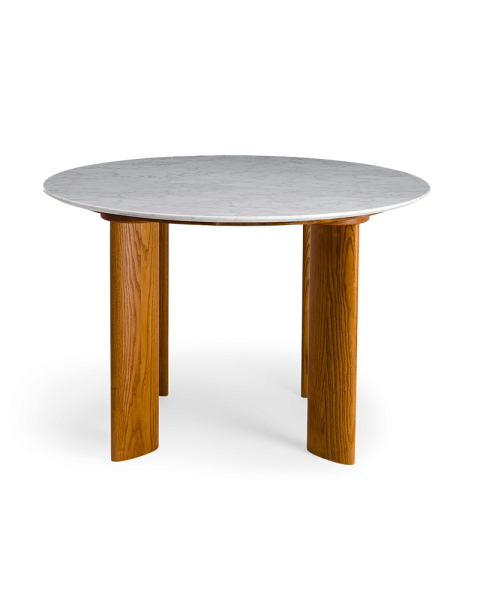 Table de salle à manger marbre blanc et pieds finition iroko 4 places