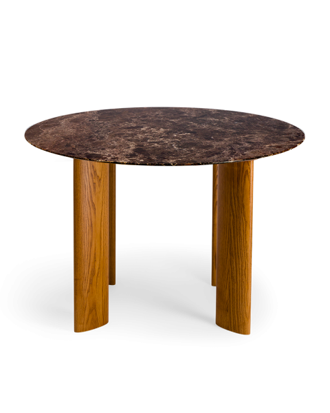 Table de salle à manger marbre marron et pieds finition iroko 4 places