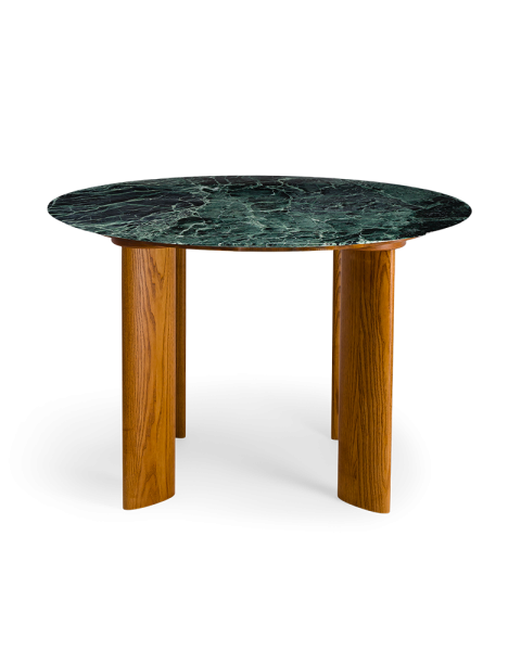 Table de salle à manger marbre vert et pieds finition iroko 4 places