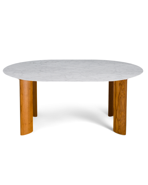 Table de salle à manger marbre blanc et pieds finition iroko 6 places