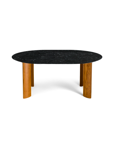 Table de salle à manger marbre noir et pieds finition iroko 6 places