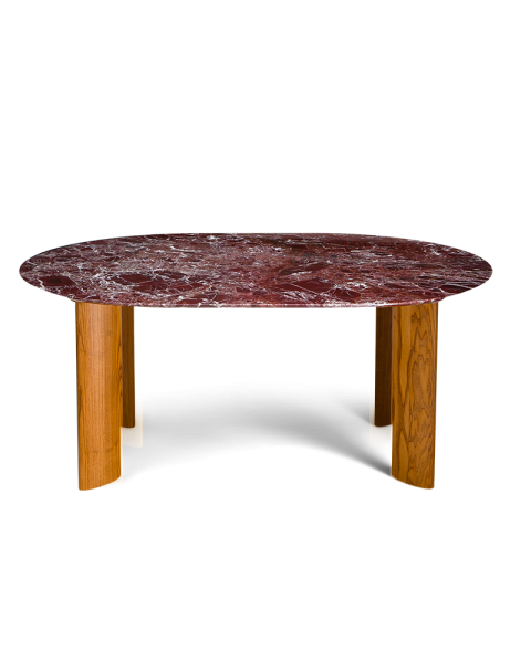 Table de salle à manger marbre rouge et pieds finition iroko 6 places
