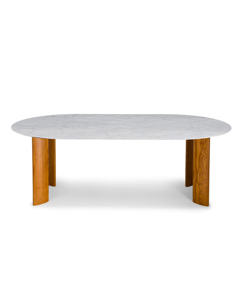 Table de salle à manger marbre blanc et pieds finition iroko 8 places