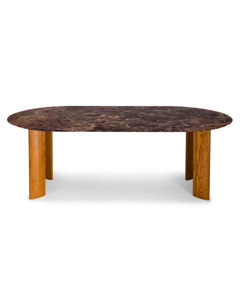 Table de salle à manger marbre marron et pieds finition iroko 8 places