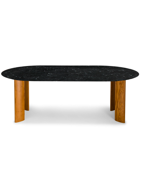 Table de salle à manger marbre noir et pieds finition iroko 8 places Table de salle à manger marbre noir et pieds finition iroko 8 places