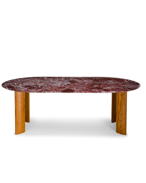 Table de salle à manger marbre rouge et pieds finition iroko 8 places
