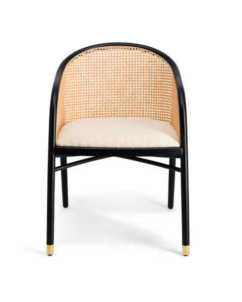 Fauteuil cannage, blanc crème laine bouclette et hêtre finition noire