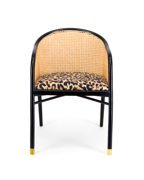 Cane armchair, leopard cotton jacquard and black finish beech Cane armchair, leopard cotton jacquard and black finish beech