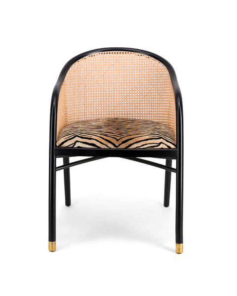 Fauteuil cannage, velours tigre et hêtre finition noire