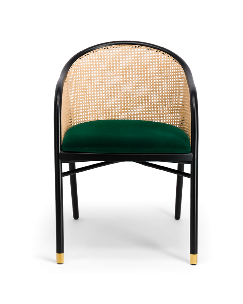 Fauteuil cannage, vert sapin velours et hêtre finition noire