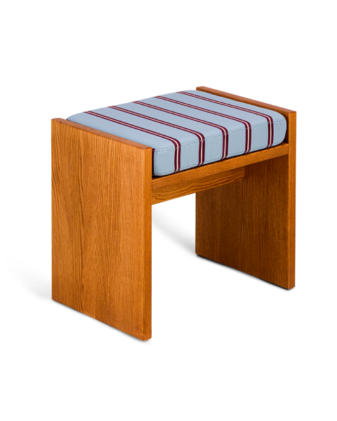Striped blue and burgundy stool in cotton fabric and ash with iroko finish Striped blue and burgundy stool in cotton fabric and ash with iroko finish