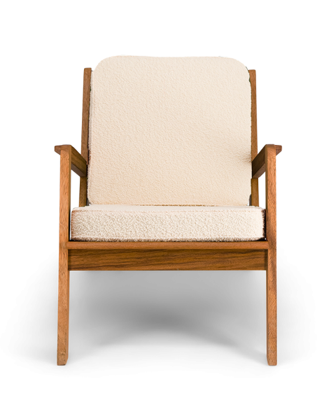 Cream white armchair in boucle wool and brown wood Cream white armchair in boucle wool and brown wood