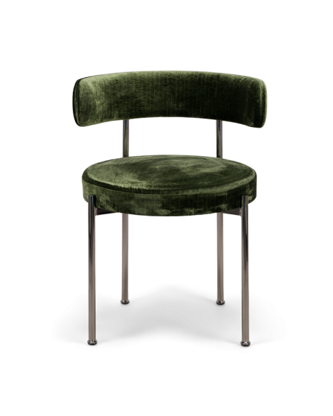 Chaise Libera velours vert olive brillant et métal chromé