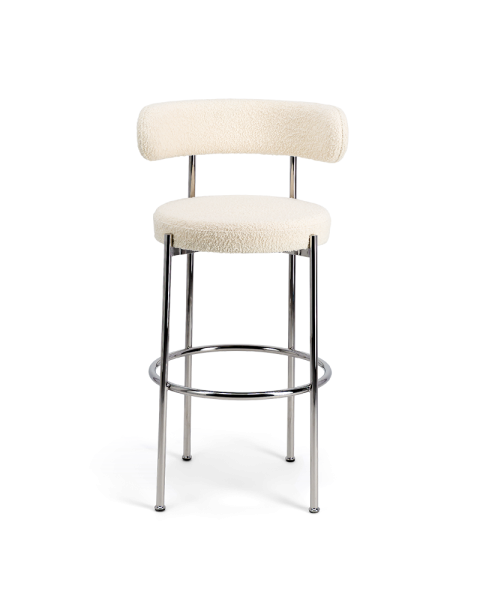 Chaise de bar blanc crème laine bouclette et métal chromé - 65cm Chaise de bar blanc crème laine bouclette et métal chromé - 65cm