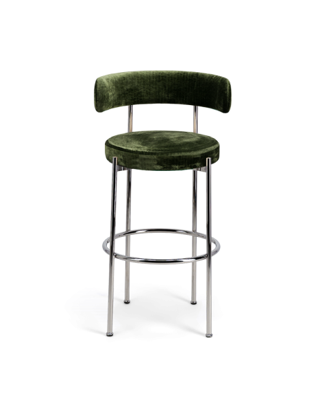 Chaise de bar Libera velours vert olive brillant et métal chromé - 65cm Chaise de bar Libera velours vert olive brillant et métal chromé - 65cm