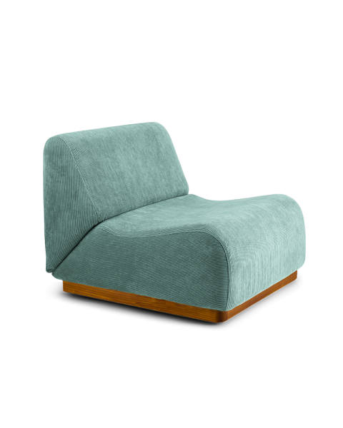 Chauffeuse bleu clair velours côtelé socle bois modulable