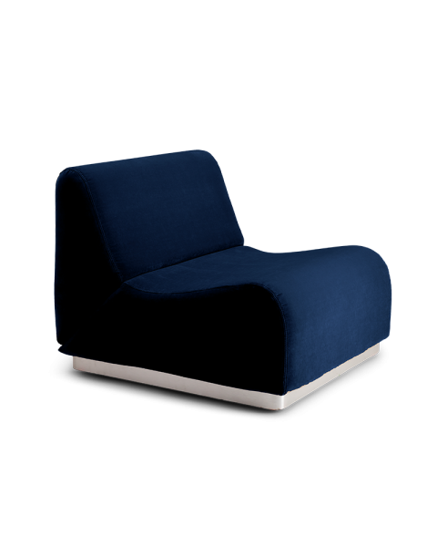 Midnight blue velvet armchair with a modular steel base