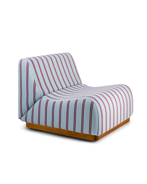 Chauffeuse rayée bleu et bordeaux tissu coton socle bois modulable Chauffeuse rayée bleu et bordeaux tissu coton socle bois modulable