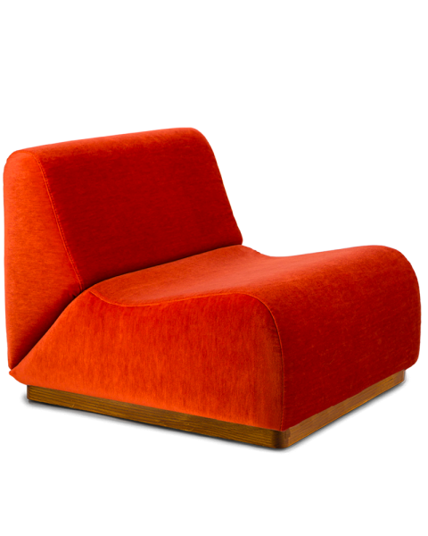 Vermilion mohair velvet armchair with a modular wooden base
