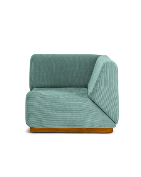 Module d'angle bleu clair velours côtelé socle bois Module d'angle bleu clair velours côtelé socle bois