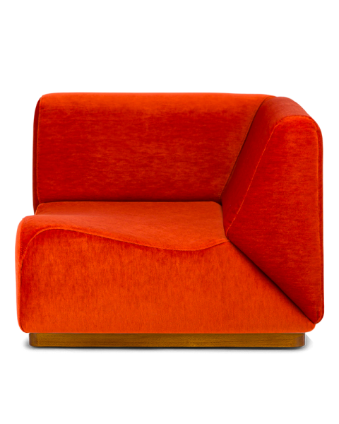Module d'angle vermillon velours de mohair socle bois Module d'angle vermillon velours de mohair socle bois