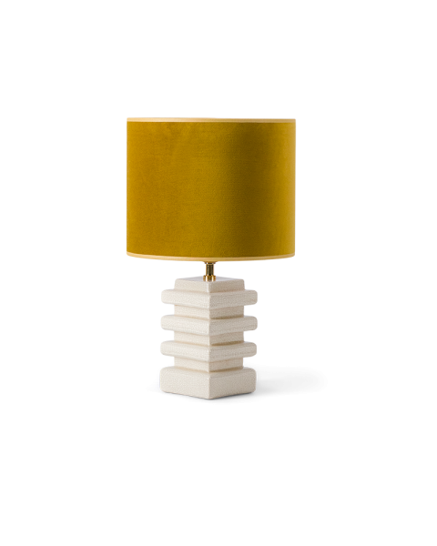Lampe à poser céramique blanche et velours moutarde