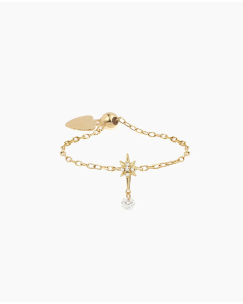 Ring chain North Star paved with 1 diamond yellow gold