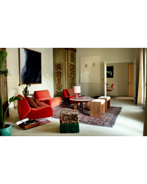 Module d'angle vermillon velours de mohair socle bois Module d'angle vermillon velours de mohair socle bois