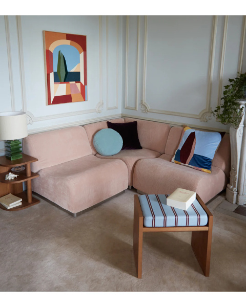Module d'angle rose pâle velours côtelé socle bois Module d'angle rose pâle velours côtelé socle bois